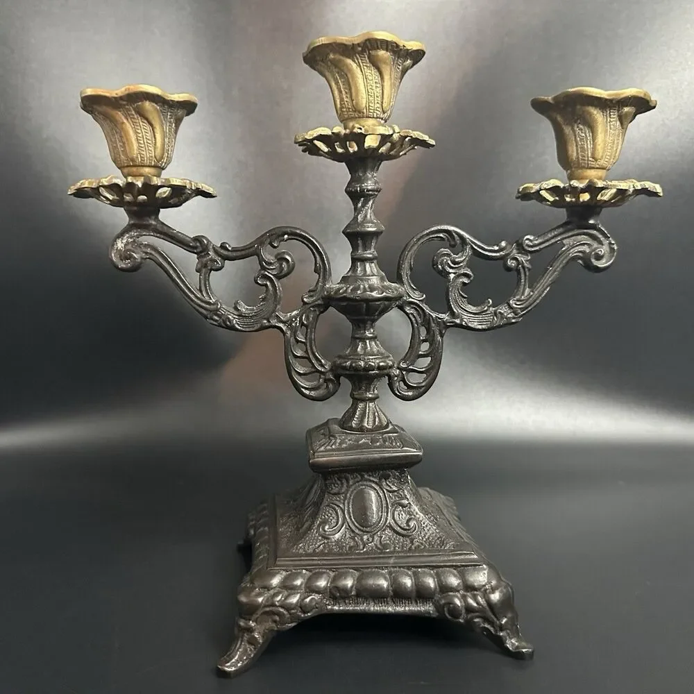 Vintage French Spelter 3 Arm Ornate Candelabra Gilt Brass Holder 8”